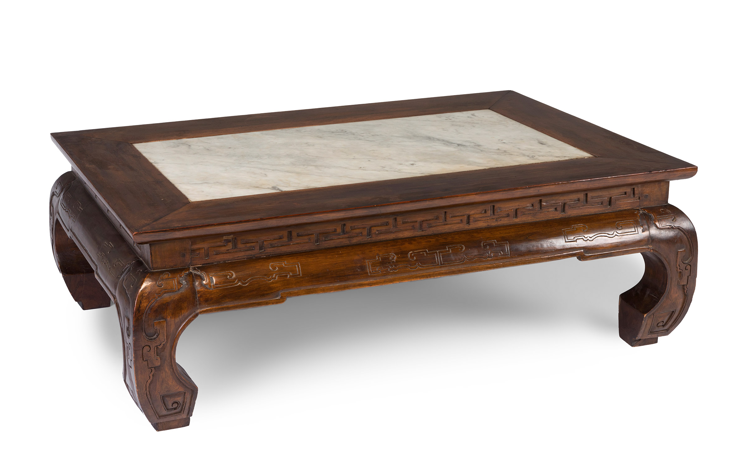Coffee table. China, Qing Dynasty, 19th century.Carved and chiselled rosewood.Marble in the