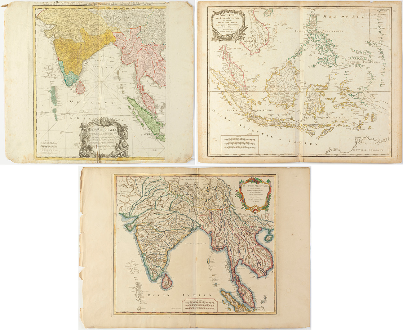 Set of three maps of the East Indies, 18th century.Illuminated engravings.French editions.They
