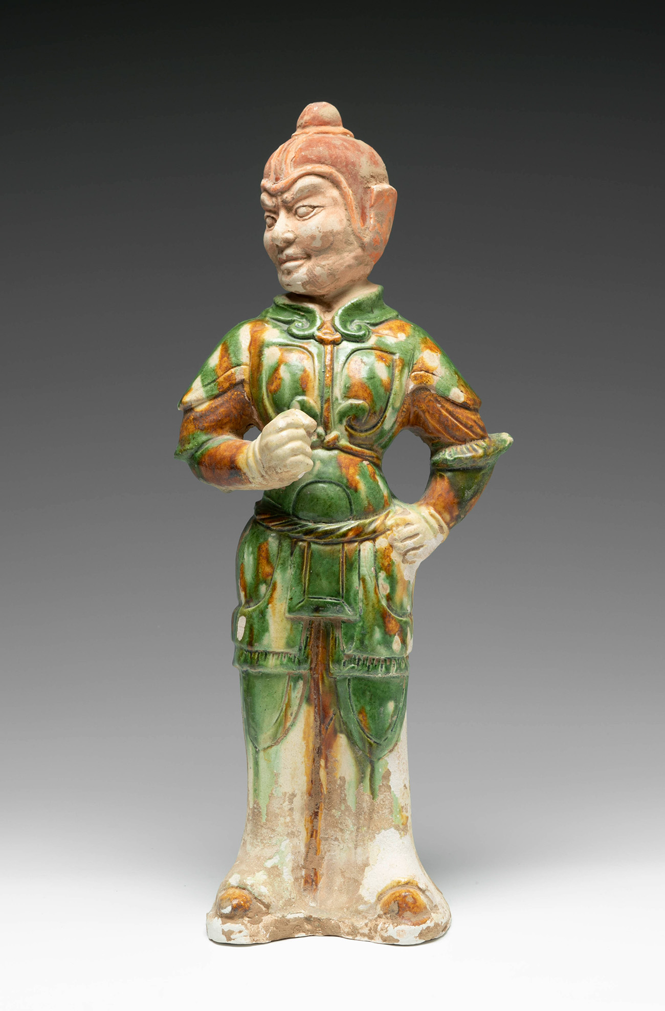 Lokapala; China, Tang dynasty, AD 617 - 907.Terracotta with Sancai glaze.Certificate of analysis