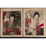 19th century Japanese school."Elegant ladies".Pair of hand-illuminated lithographs.Signed at lower