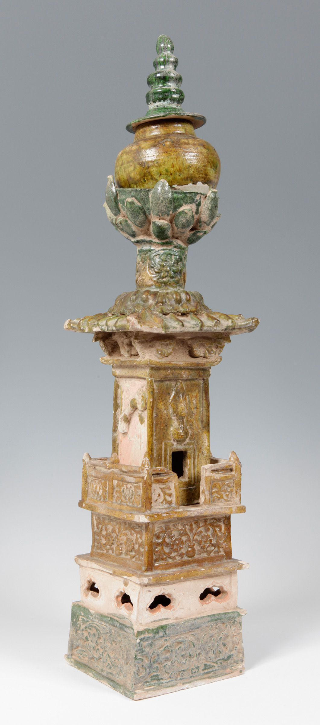 Funerary tower; China, Nanjing, Ming dynasty, 1368-644.Sancai glazed pottery, consisting of four