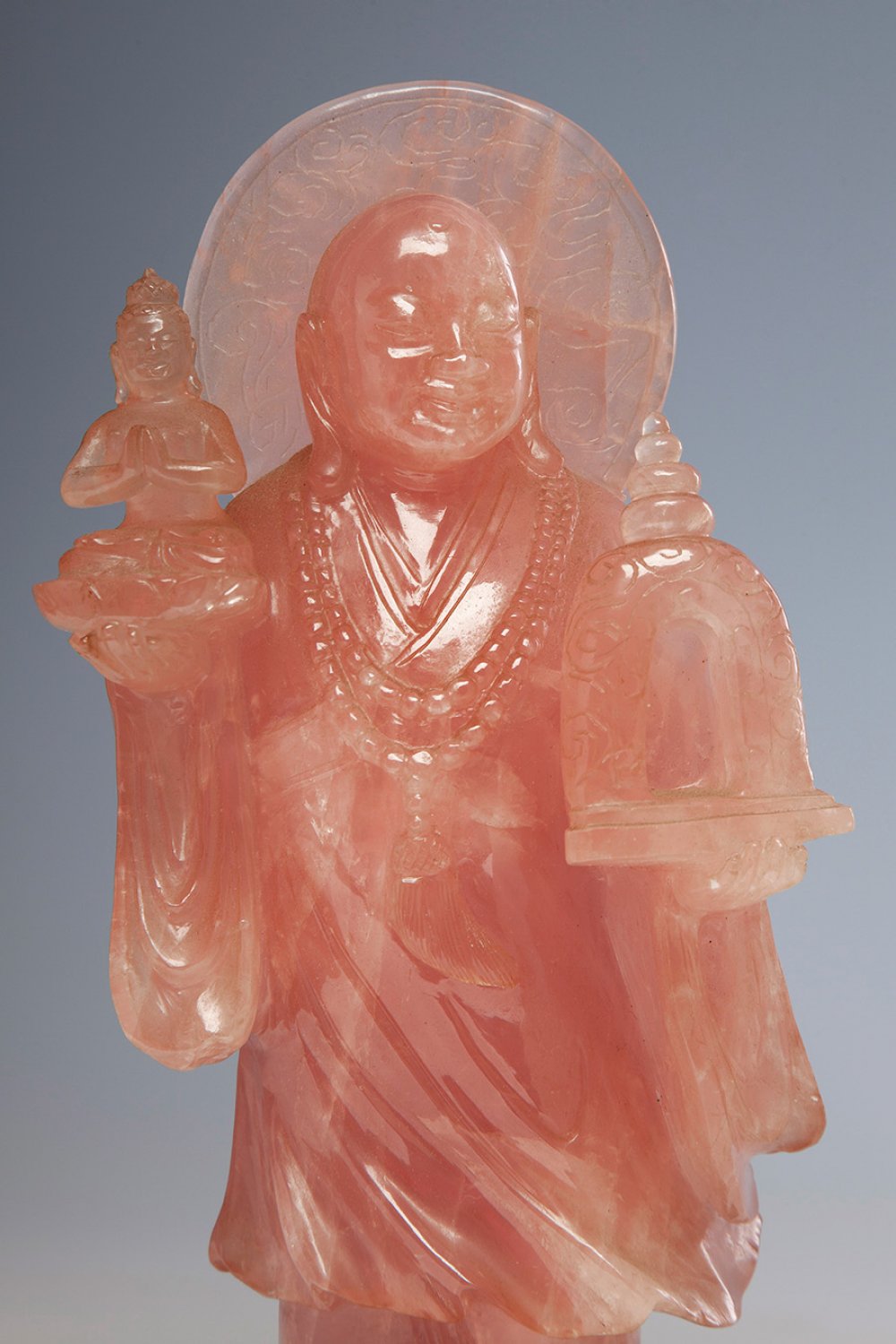 Chinese school of the 20th century.Buddhist monk with Buddha and temple.Rose quartz on wooden base. - Image 3 of 4