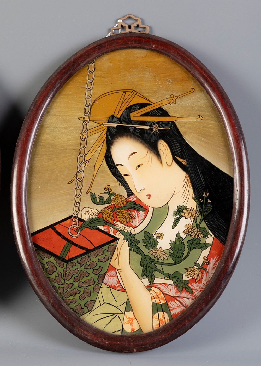 Japanese school of the first half of the 20th century."Ladies".Pair of paintings on oval-shaped - Image 4 of 4