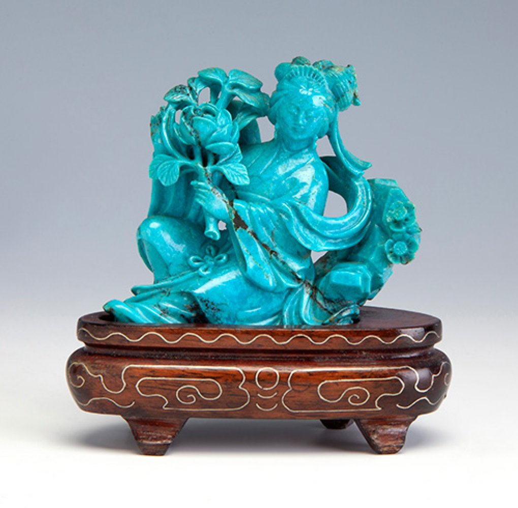 Chinese school of the 20th century."Figure of a fairy".Turquoise carving on wooden base. - Image 3 of 4