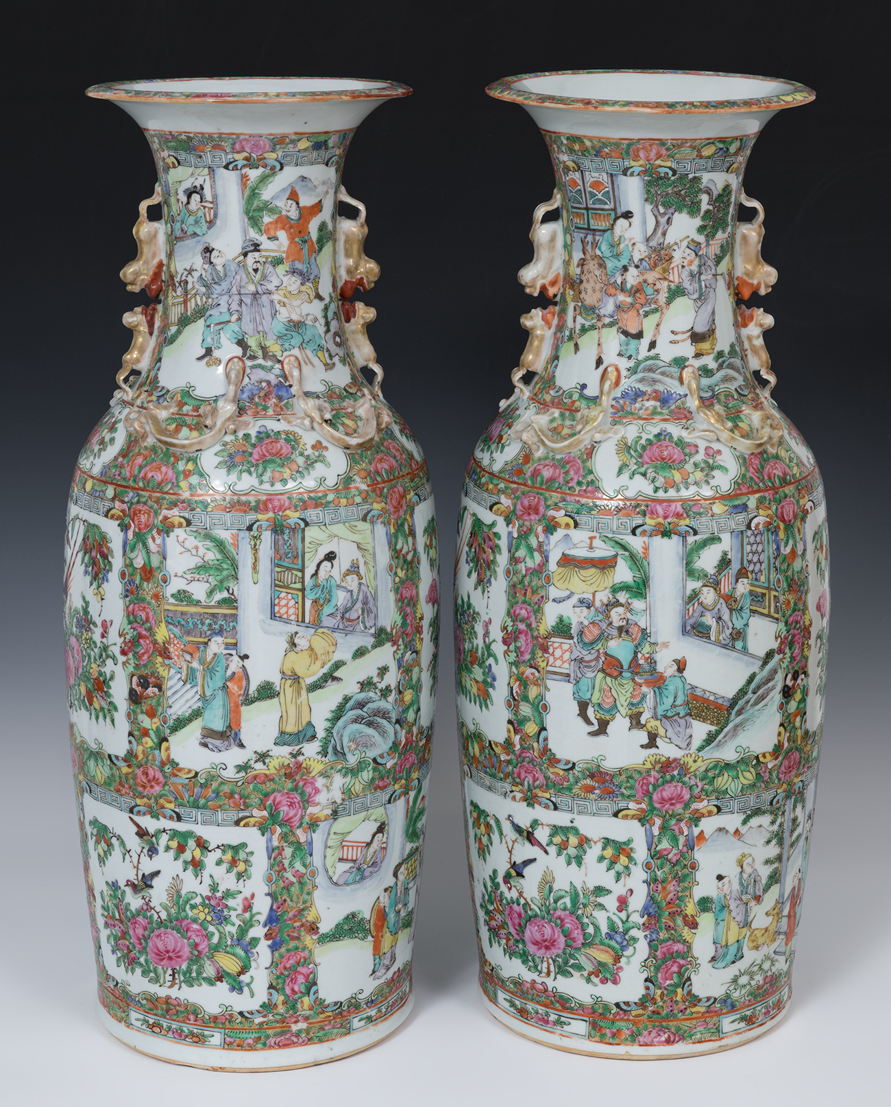 Pair of vases after models of the Green Family; Canton, China 19th century.Enamelled porcelain.The - Image 3 of 7