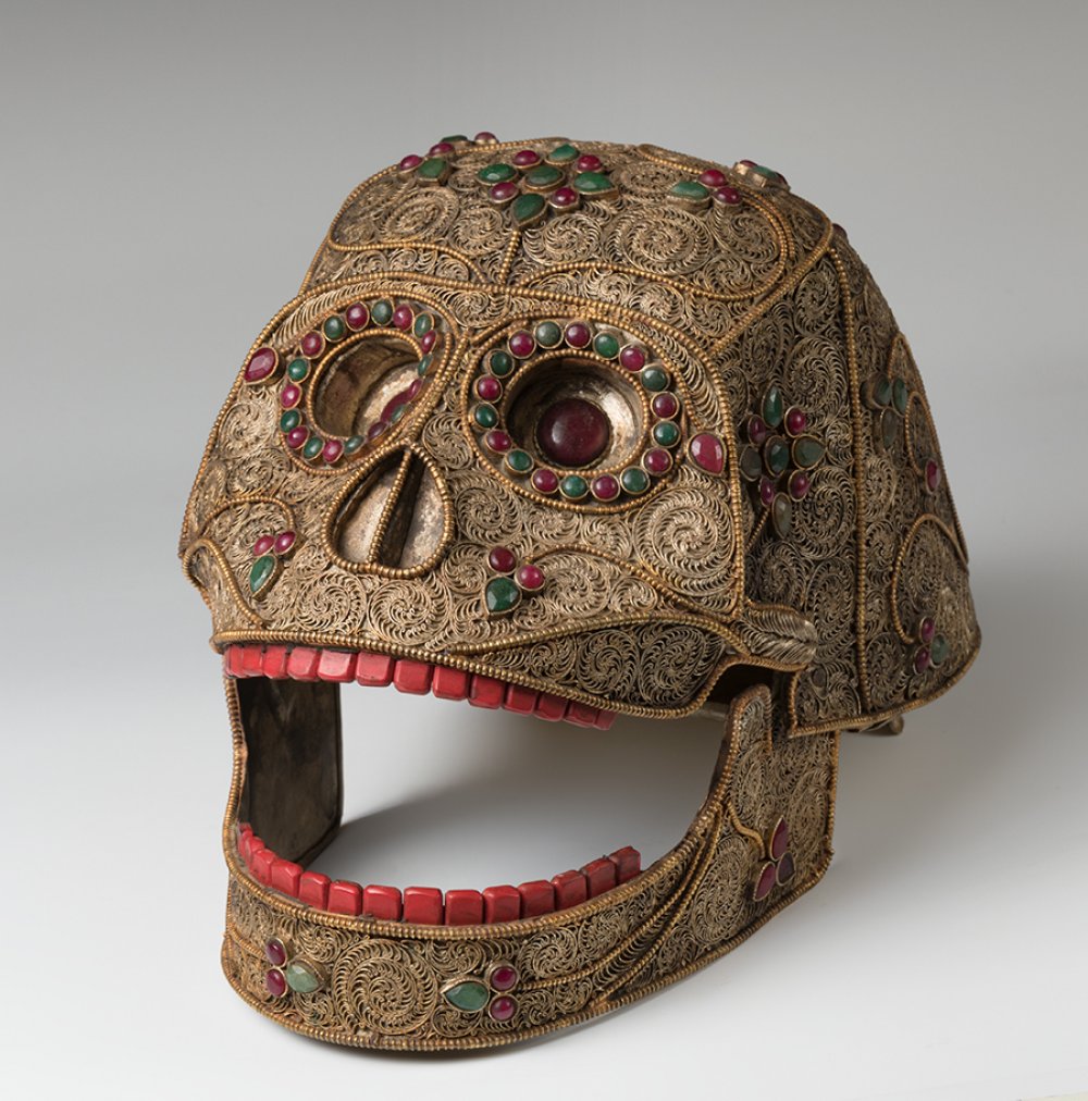 Mexican school; circa 1800."Skull.Silver alloy with garnets, emeralds and hard coloured stones. - Image 4 of 7