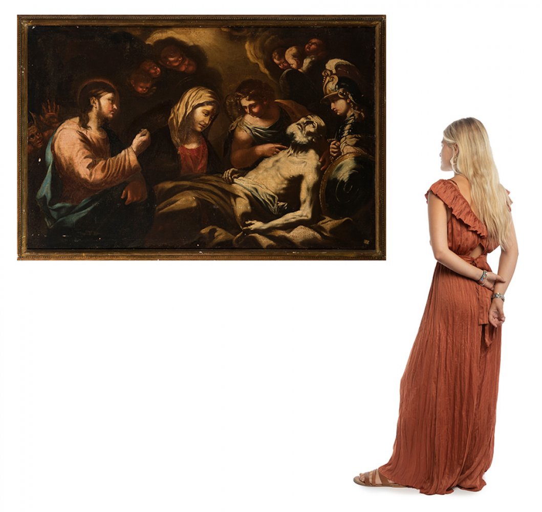 Neapolitan school; circa 1700."The Resurrection of Lazarus".Oil on canvas. Re-coloured.It presents - Image 6 of 6
