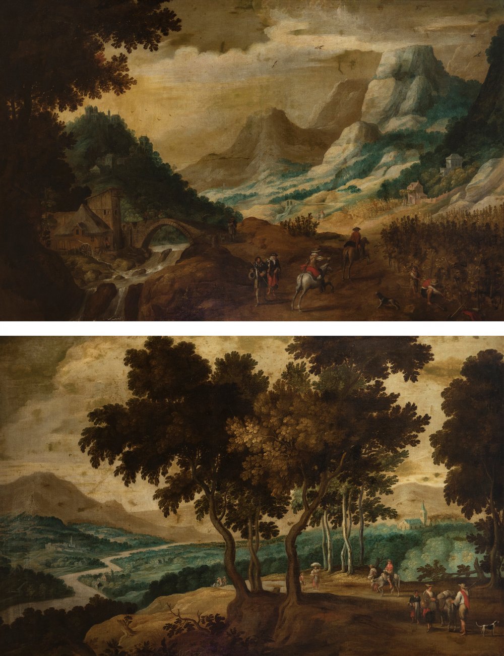 Flemish school; mid-17th century."Landscapes".Oil on canvas.The two paintings are re-drawn.They
