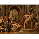 Italian school; 17th century."The Trial of Christ".Oil on canvas. Relined.Measurements: 118 x 154