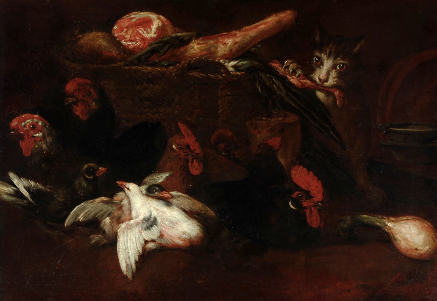 17th century Spanish school."Still life with cat and poultry".Oil on canvas.Measurements: 89 x 98