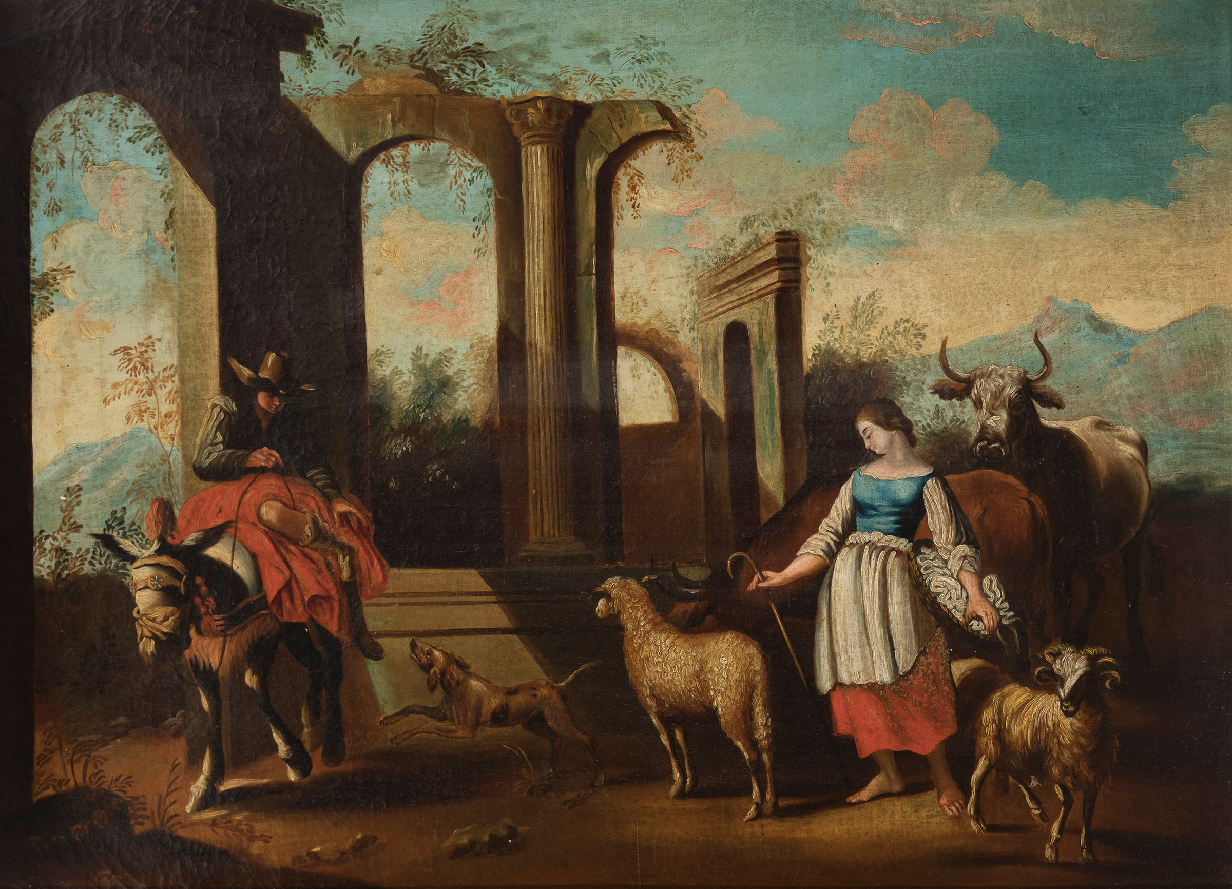 Majorcan school; 18th century."Pastoral scene".Oil on canvas.Retains original canvas.It has a period