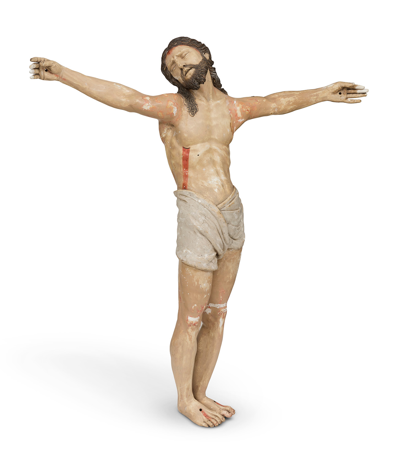 Crucified Christ; Quito, 18th century.Carved, polychromed and stuccoed wood.It presents faults in