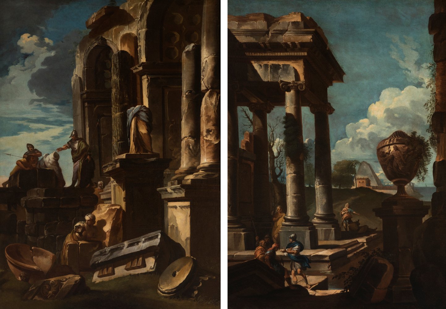 ANDREA LOCATELLI (Rome ,1695-1741)"Caprices of ruins".Oil on canvas. Re-drawn.Enclosed report of Don