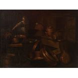 Italian school, late 17th century."Still life in the kitchen".Oil on canvas. Relined.Presents