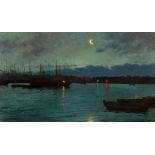 LUIS GRANER ARRUFÍ (Barcelona, 1863 - 1929)."Night-time Marina. Port of Barcelona".Oil on canvas.
