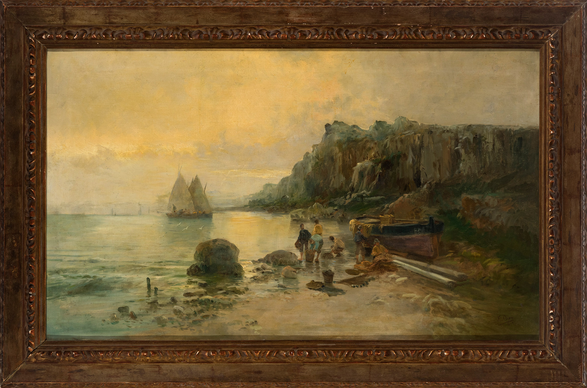 EMILIO OCÓN Y RIVAS (Peñón de Vélez de la Gomera, Málaga, 1845 - Málaga, 1904)."Marina", 1869.Oil on - Image 4 of 4