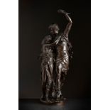 EUGÈNE MARIOTON (France, 1854 - 1933)."Enamoured".Sculpture in patinated bronze.Signed.Size: 93 x 36