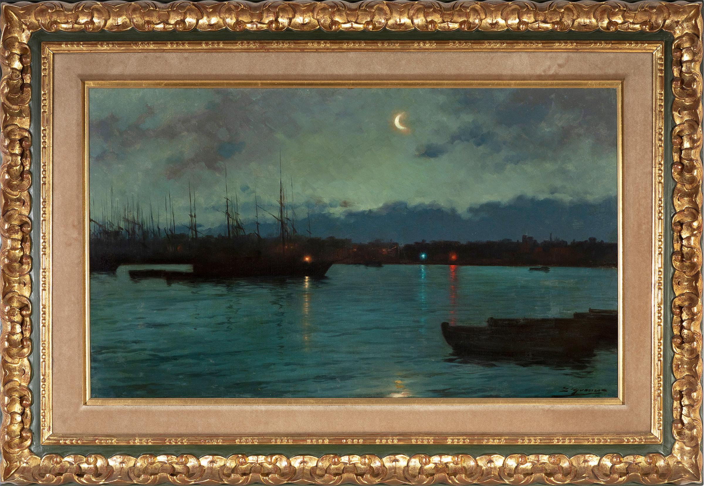 LUIS GRANER ARRUFÍ (Barcelona, 1863 - 1929)."Night-time Marina. Port of Barcelona".Oil on canvas. - Image 6 of 6