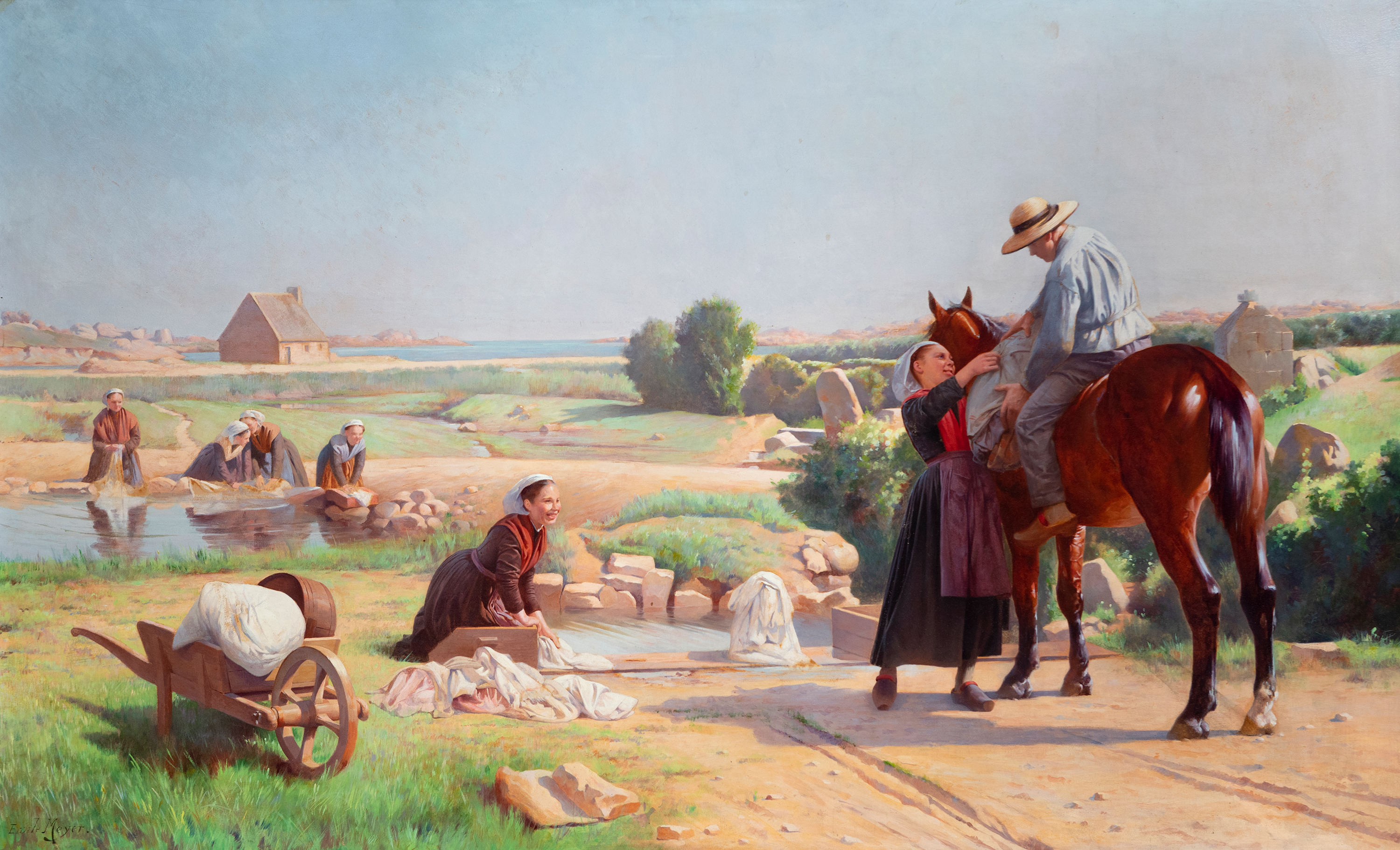 ÉMILE MEYER (France, 1823 - 1893)."Washerwomen.Oil on canvas.Signed in the lower left corner.Size:
