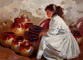 JUAN GONZÁLEZ ALACREU (Burriana, Castellón, 1937)."Clay seller".Oil on canvas.Signed in the lower