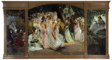 LUIS BLESA Y PRATS (Valencia, 1875-ca. 1934)"Reynaldo and Armida".Oil on canvas. Triptych.It has a