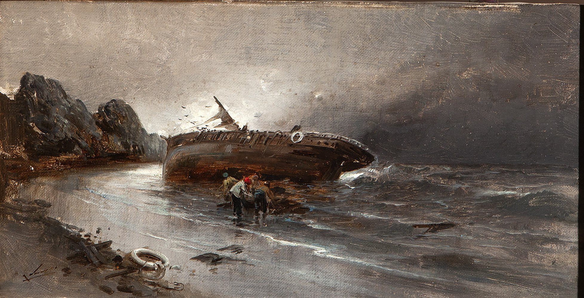 JOSÉ NAVARRO LLORENS (Valencia, 1867 - 1923)."Shipwreck".Oil on canvas.Signed in the lower left