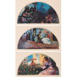 Sevillian school; early 20th century."Popular scenes".Gouache on paper (x3).It has faults.