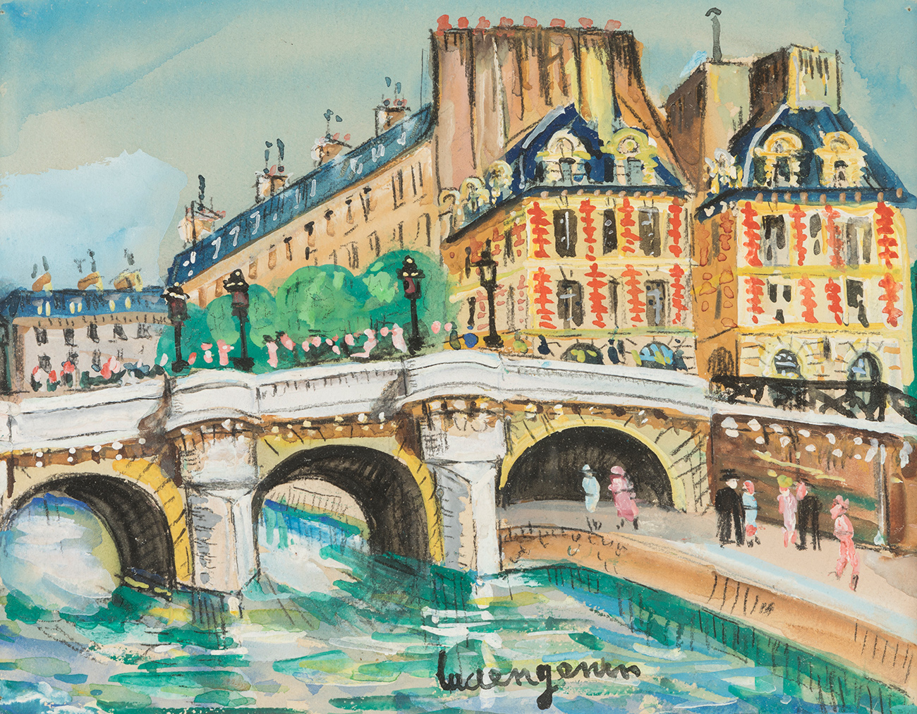 LUCIEN GENIN (Rouen, 1894 - Paris 1953)."Pont des Orfèvres".Watercolour and charcoal on paper.Signed