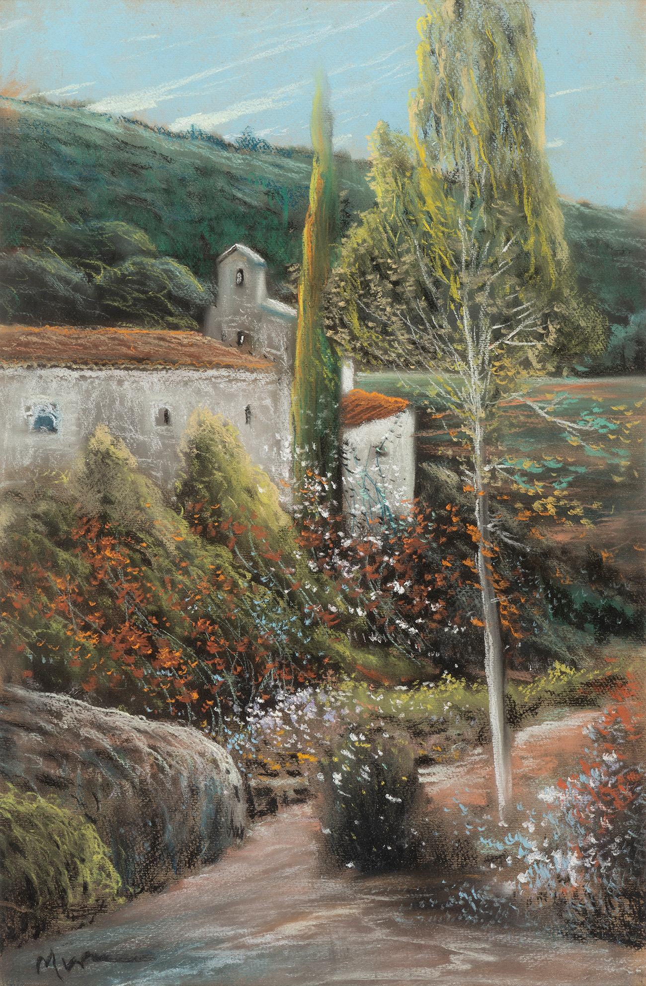 JOAQUIM MIR TRINXET (Barcelona, 1873 - 1940)."Hermitage of Sant Medir".Pastel on paper.Signed in the