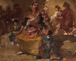 BALDOMERO ROMERO RESSENDI (Seville, 1922 - Madrid, 1977)."Maternity".Oil on canvas.Signed in the