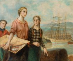 ALBERTO ARRÚE VALLE (Bilbao, 1878 - 1944)."Fisherwomen in a Biscayan port".Oil on canvas.Signed in
