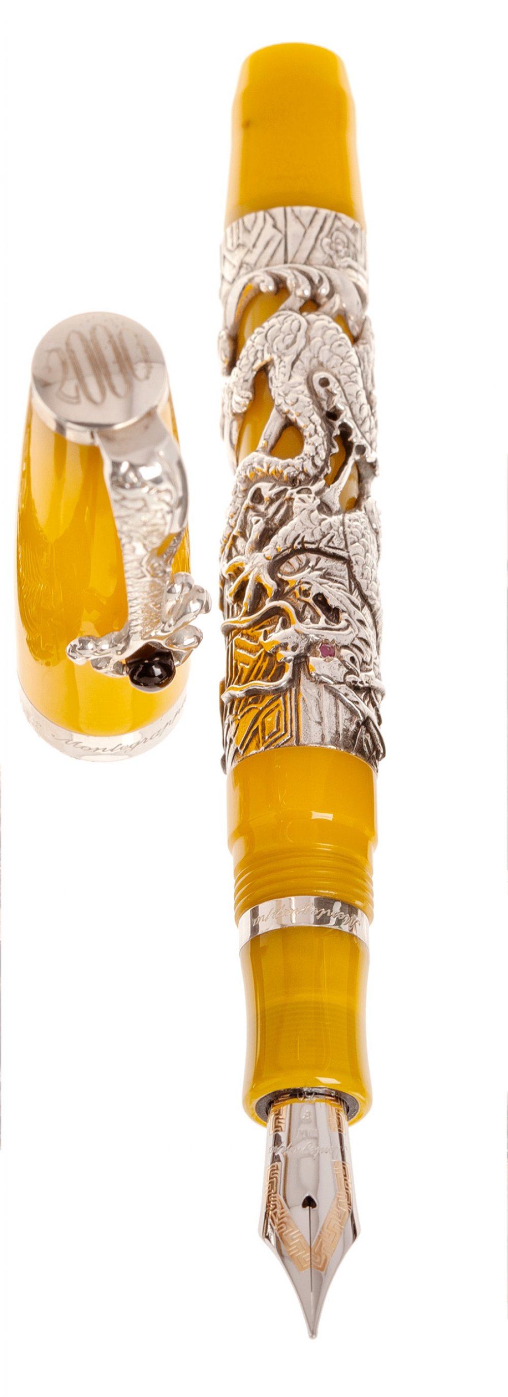 MONTEGRAPPA FOUNTAIN PEN "ZODIAC".Yellow resin barrel with silver case with dragon.Limited edition. - Image 3 of 4