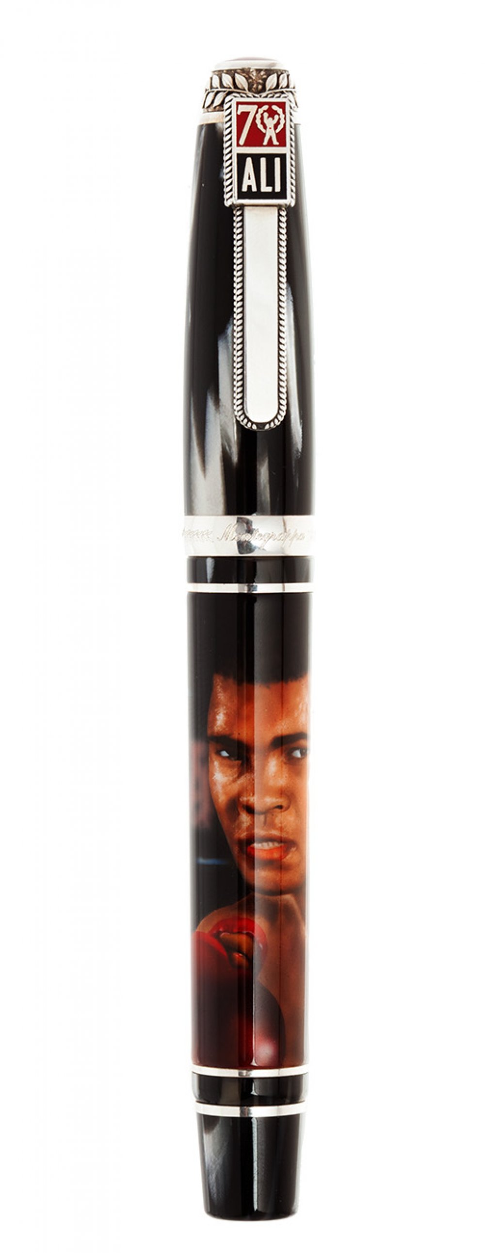 MONTEGRAPPA FOUNTAIN PEN, LIMITED EDITION "MUHAMMAD ALI".Resin barrel, hand painted.Two-tone 18
