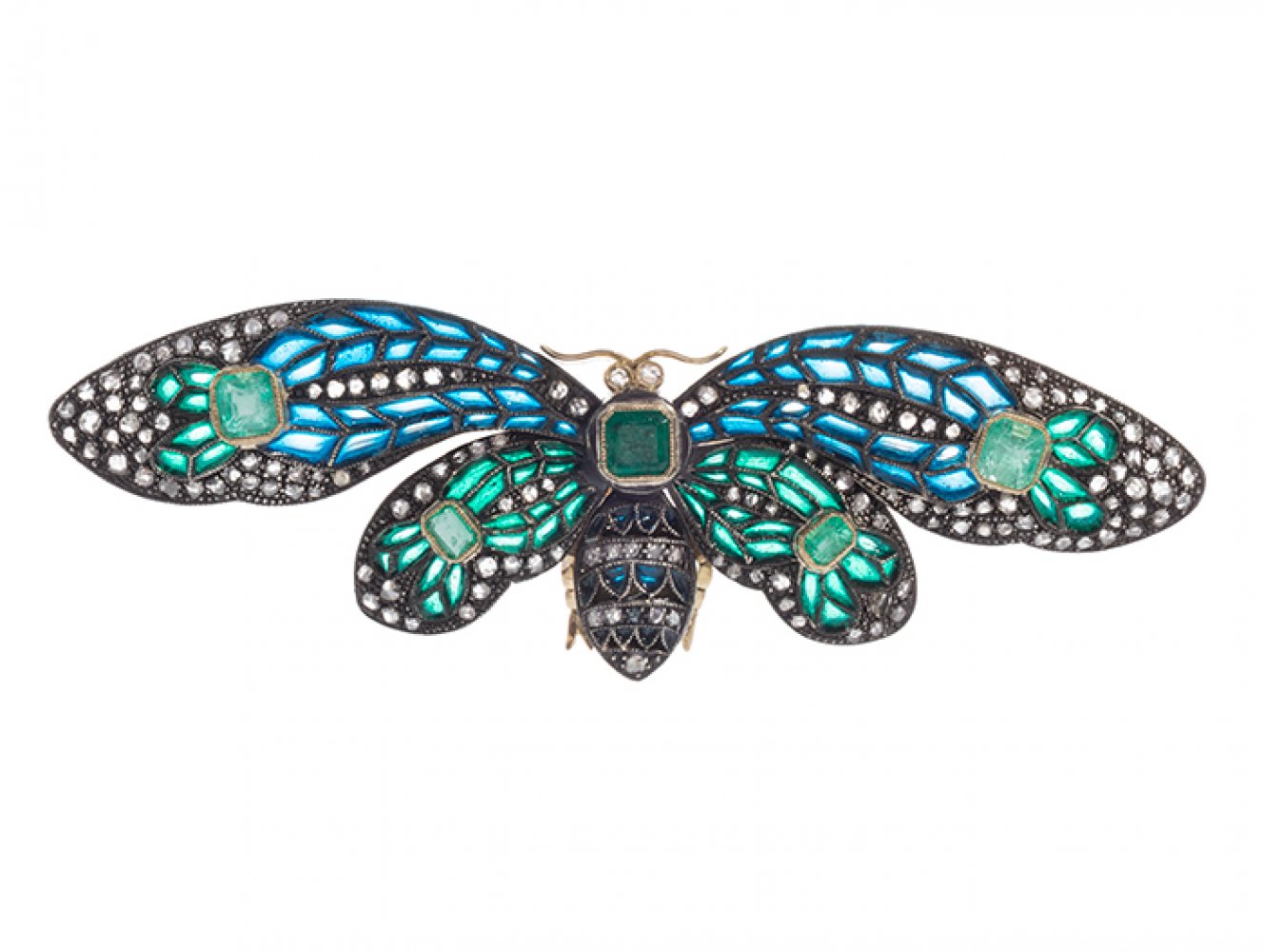 Butterfly-shaped brooch, modernist style, 20th century. In 18k yellow gold with silver views.