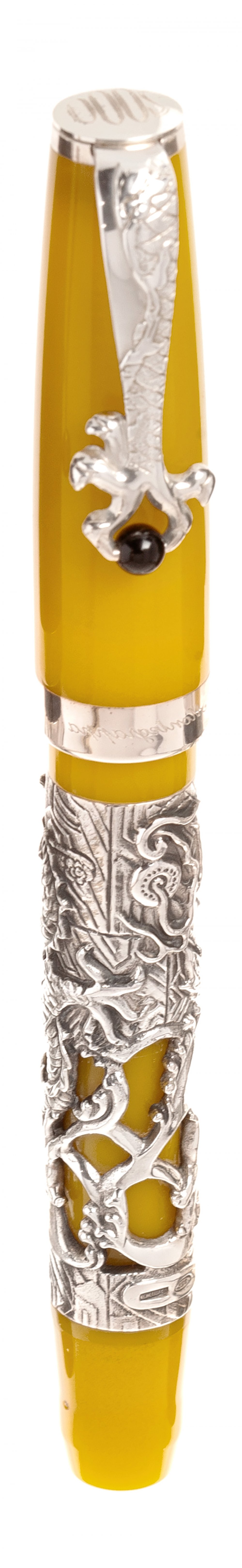 MONTEGRAPPA FOUNTAIN PEN "ZODIAC".Yellow resin barrel with silver case with dragon.Limited edition.