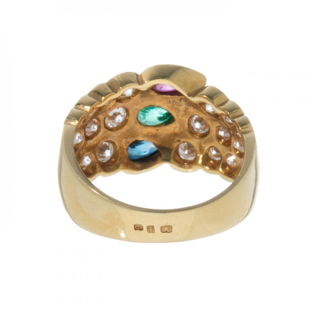 Ring in 19.2kt yellow gold with diamonds, sapphire, emerald and ruby. Model with three band - Image 2 of 3