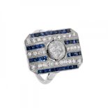 Ring in platinum, diamonds and sapphires Art deco style, with geometric frontispiece in parallel