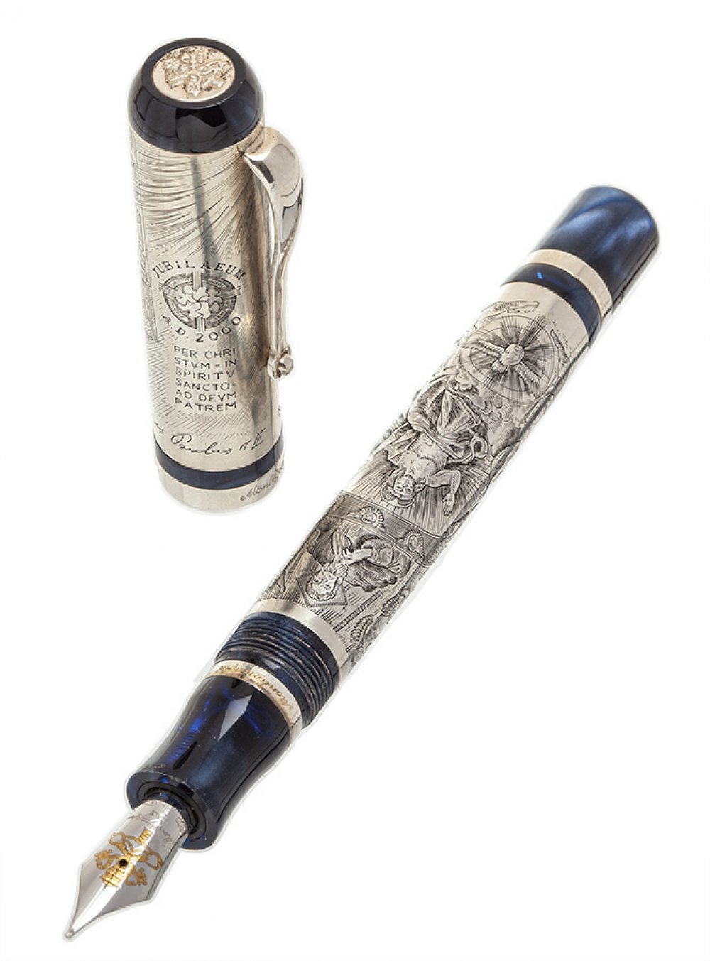 MONTEGRAPPA FOUNTAIN PEN "VATICAN PAPAL", 2000.Barrel in embossed silver and blue resin.Limited - Image 5 of 6