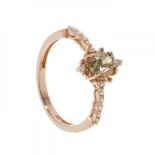 Ring in 14 kts. rose gold with Natural Fancy Greenish Brown VS2 oval diamond with ca. 0.70 cts.