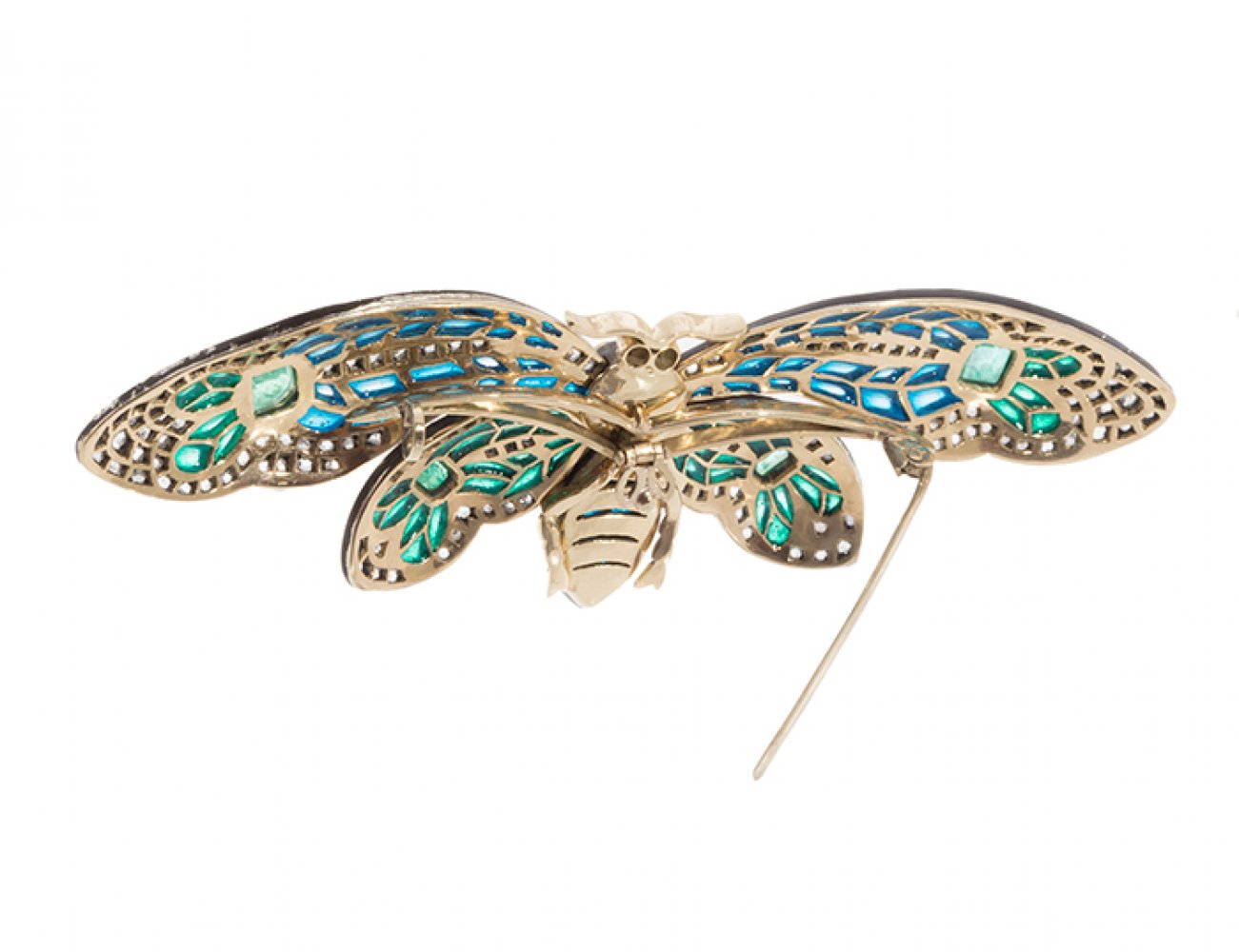 Butterfly-shaped brooch, modernist style, 20th century. In 18k yellow gold with silver views. - Image 2 of 3
