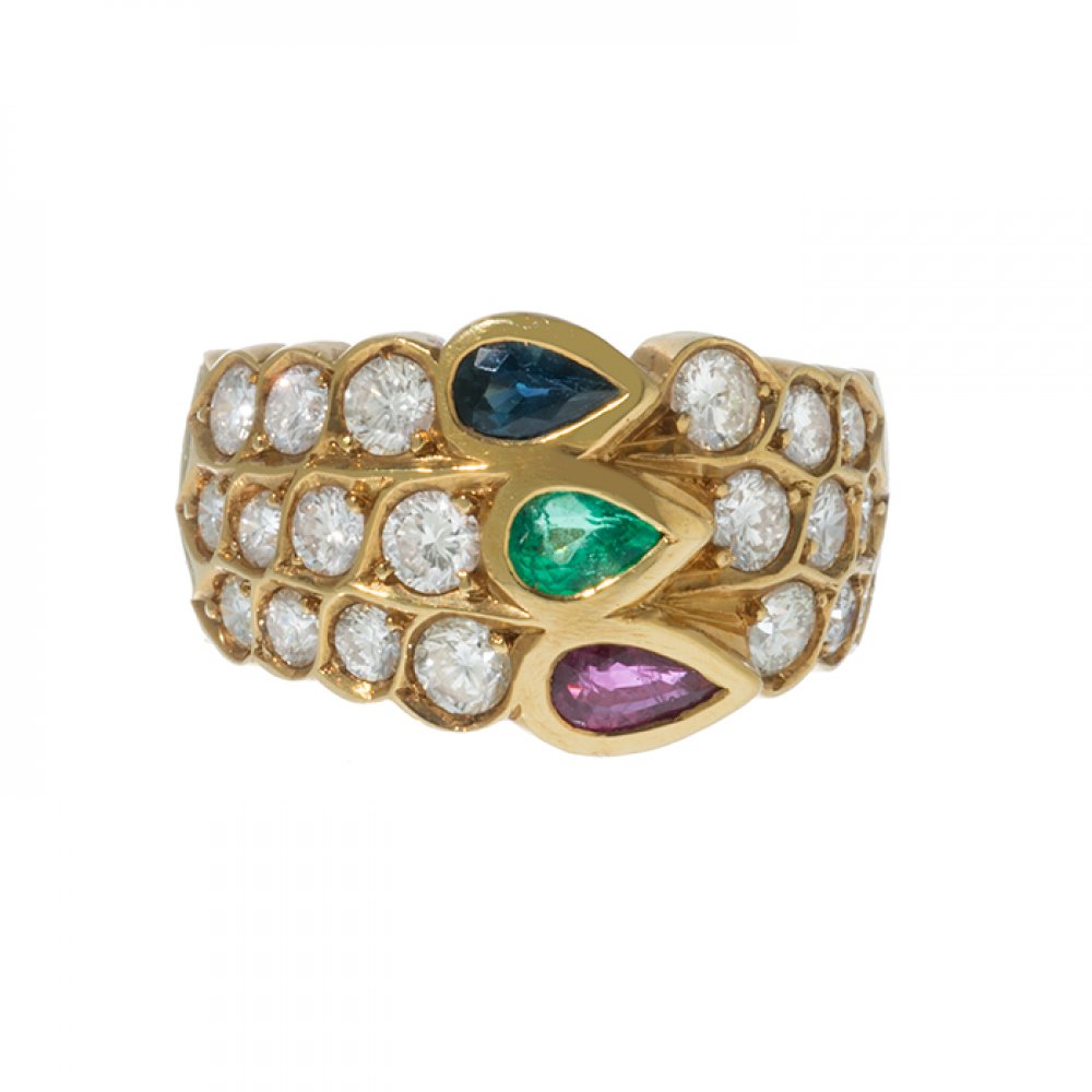 Ring in 19.2kt yellow gold with diamonds, sapphire, emerald and ruby. Model with three band - Image 3 of 3