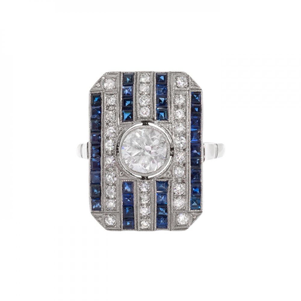 Ring in platinum, diamonds and sapphires Art deco style, with geometric frontispiece in parallel - Image 4 of 4