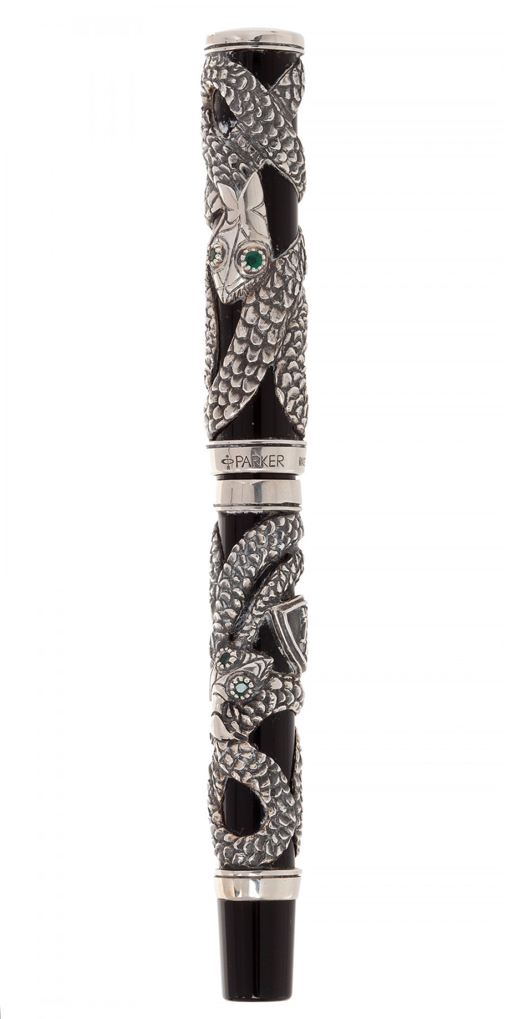 PARKER SNAKE FOUNTAIN PEN, 1997.Black resin barrel with emeralds and silver.Nib in 18 kts. gold