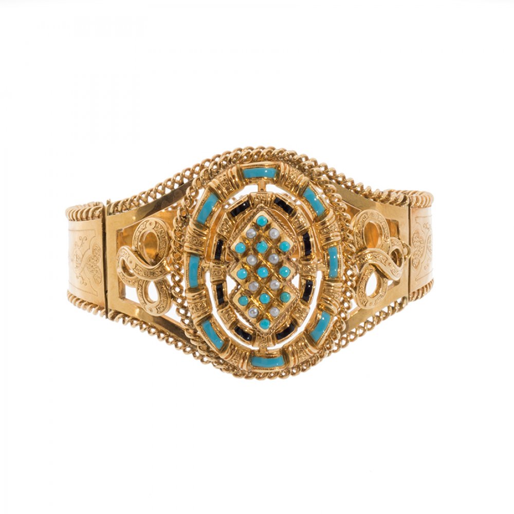 19th century bracelet. In 18 kt yellow gold. Oval frontis with definition with a medallion-shaped