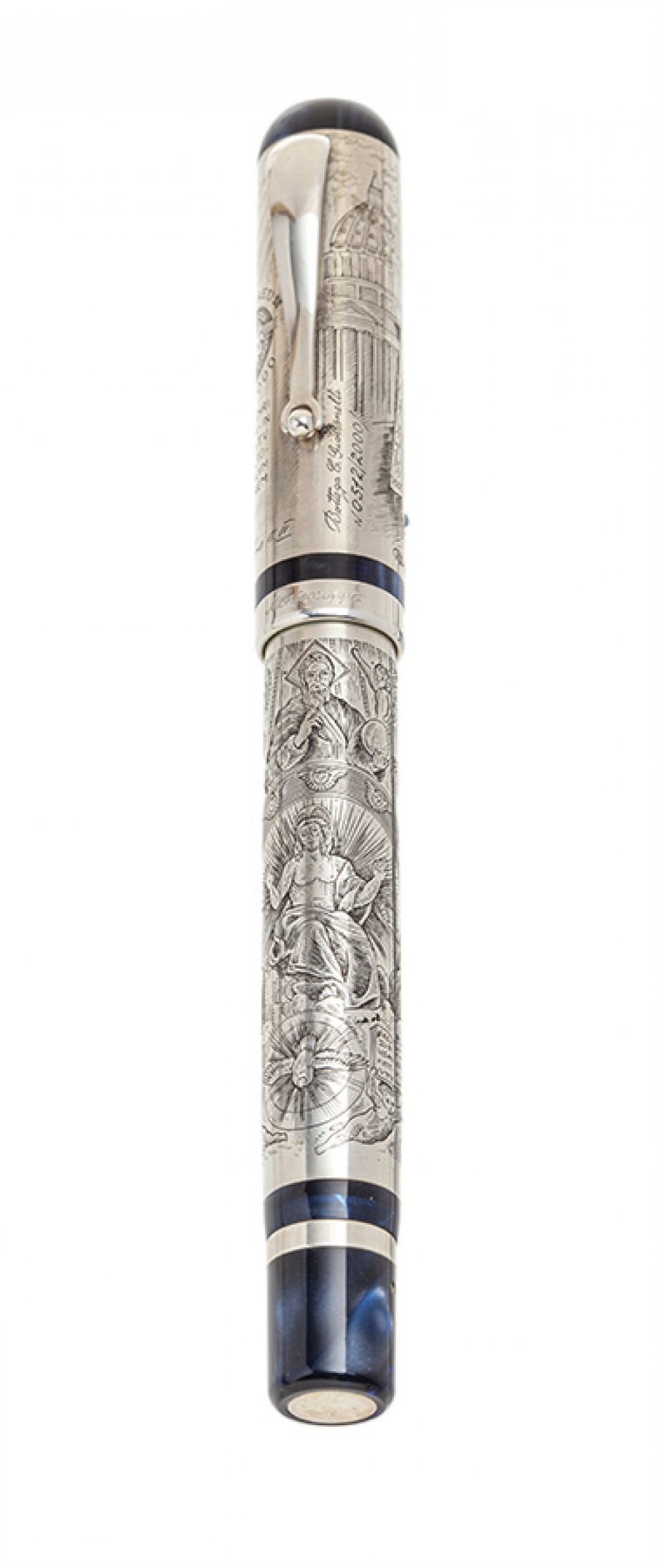 MONTEGRAPPA FOUNTAIN PEN "VATICAN PAPAL", 2000.Barrel in embossed silver and blue resin.Limited