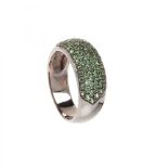 Ring in 18 kt white gold, bathed in ruthenium, with the front studded with small tsavorites, with