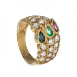 Ring in 19.2kt yellow gold with diamonds, sapphire, emerald and ruby. Model with three band