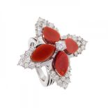 YANES ring in 18k white gold with diamonds and "corallium. Frontis raised in the shape of a