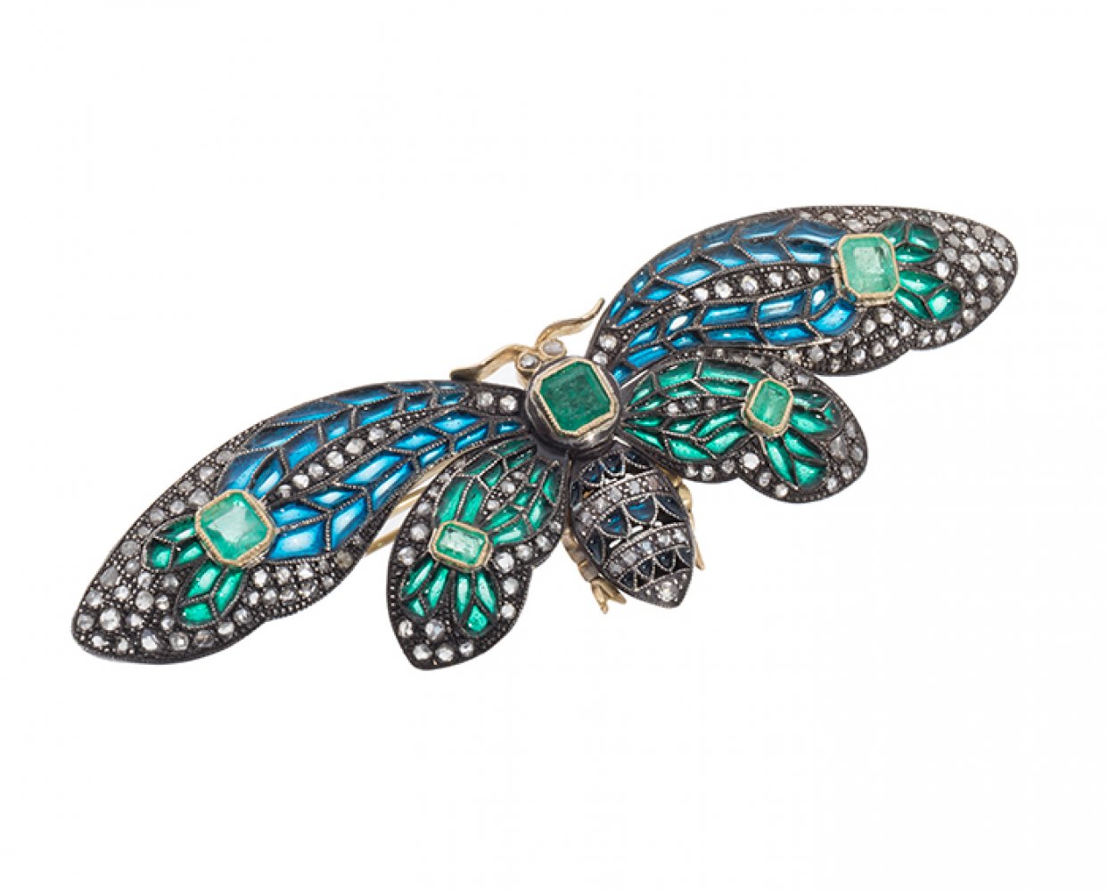 Butterfly-shaped brooch, modernist style, 20th century. In 18k yellow gold with silver views. - Image 3 of 3