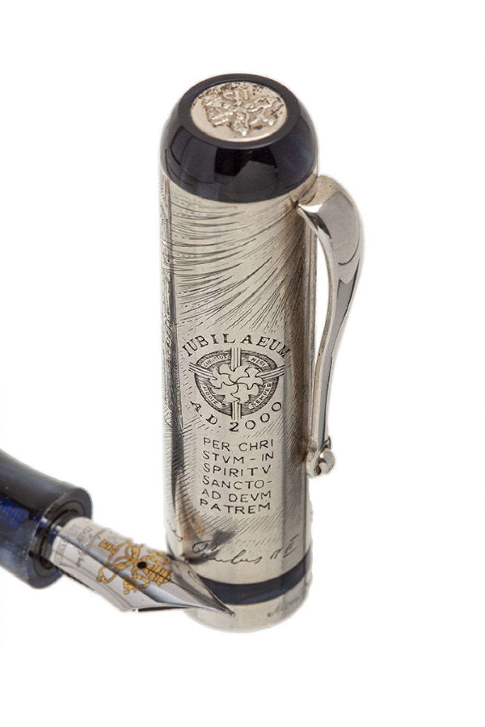 MONTEGRAPPA FOUNTAIN PEN "VATICAN PAPAL", 2000.Barrel in embossed silver and blue resin.Limited - Image 4 of 6